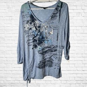 STYLE & Co women’s top vneck blue and metallic size 1x 3/4 length sleeves